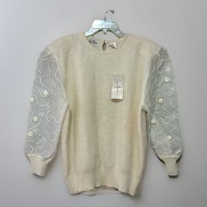 VTG Eddie Dassin Women's L Ivory Angora Sweater Sheer‎ Sleeve Coquette 90s